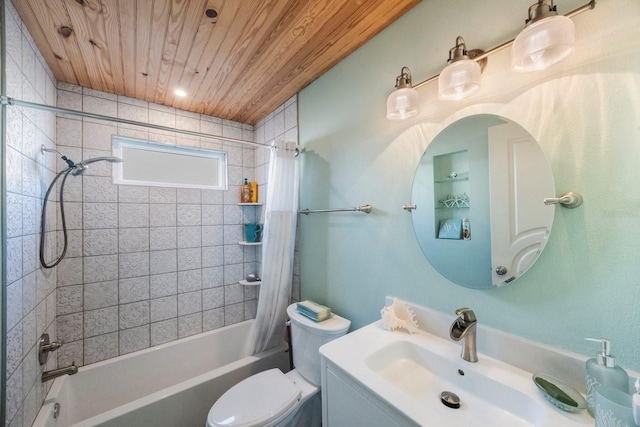 full bath with vanity, shower / bath combination with curtain, wooden ceiling, and toilet