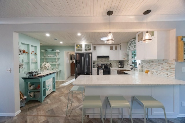 kitchen with white cabinetry, a peninsula, open shelves, fridge with ice dispenser, and range with electric stovetop