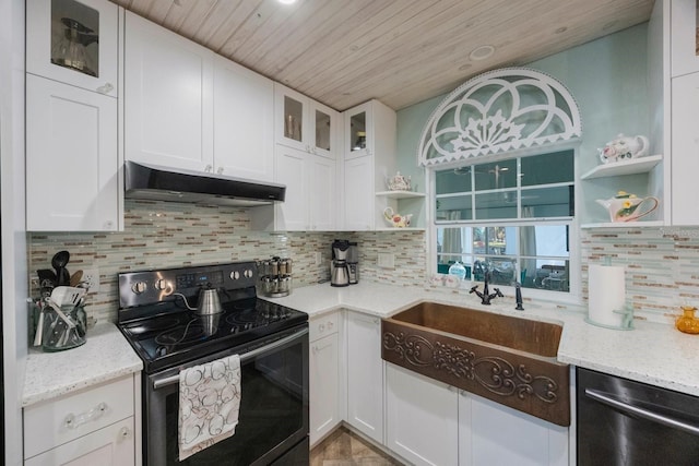 kitchen featuring open shelves, a sink, electric stove, under cabinet range hood, and stainless steel dishwasher