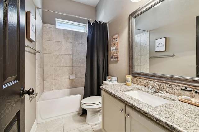 full bathroom with shower / bathtub combination with curtain, toilet, vanity, and tile patterned flooring