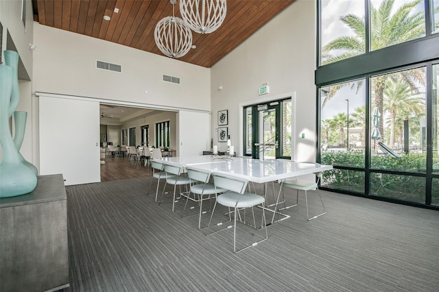 interior space with visible vents, a kitchen bar, a notable chandelier, and wooden ceiling