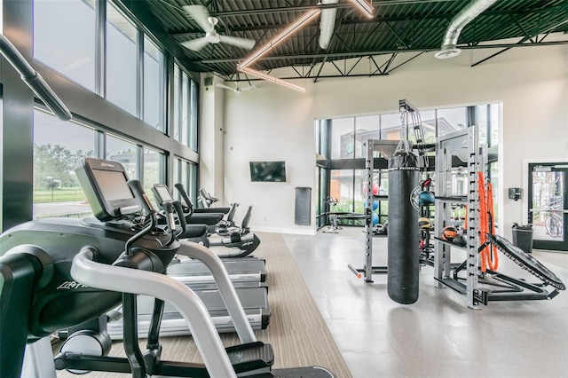 exercise room with baseboards and a towering ceiling