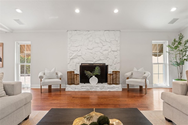20315 Mid Ct, Lutz, FL 33558 - living area featuring a stone fireplace, ornamental molding, wood finished floors, and visible vents