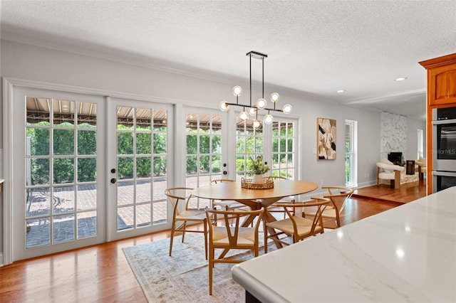 20315 Mid Ct, Lutz, FL 33558 - dining room with crown molding, a high end fireplace, a textured ceiling, french doors, and light wood-style flooring