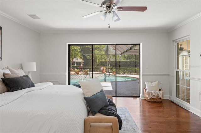 20315 Mid Ct, Lutz, FL 33558 - bedroom featuring a ceiling fan, access to exterior, a sunroom, wood finished floors, and ornamental molding
