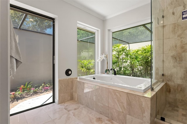 20315 Mid Ct, Lutz, FL 33558 - full bath featuring ornamental molding, a tile shower, a bath, and a wealth of natural light