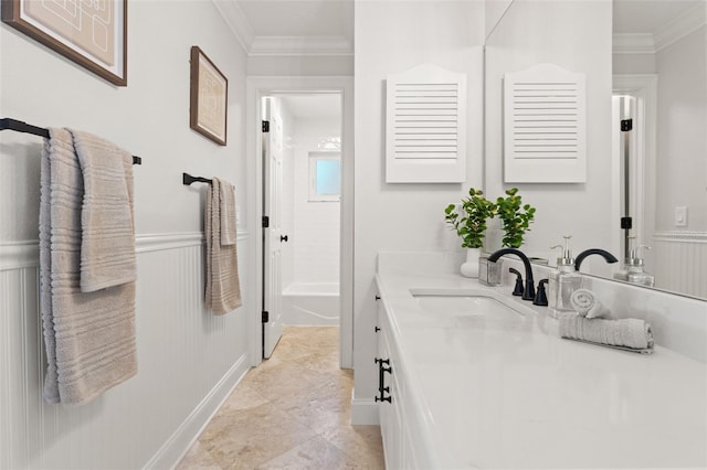 20315 Mid Ct, Lutz, FL 33558 - bathroom with crown molding, bathing tub / shower combination, a wainscoted wall, and vanity
