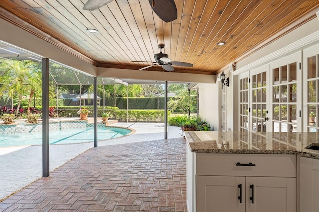 20315 Mid Ct, Lutz, FL 33558 - view of patio featuring french doors, a ceiling fan, glass enclosure, and an outdoor pool