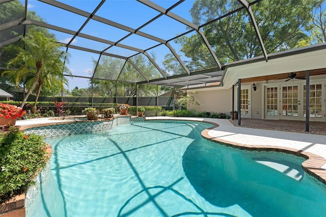 20315 Mid Ct, Lutz, FL 33558 - pool with french doors, a patio, ceiling fan, and a lanai
