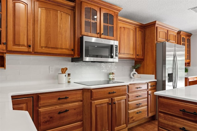 20315 Mid Ct, Lutz, FL 33558 - kitchen with brown cabinetry, light countertops, appliances with stainless steel finishes, and tasteful backsplash