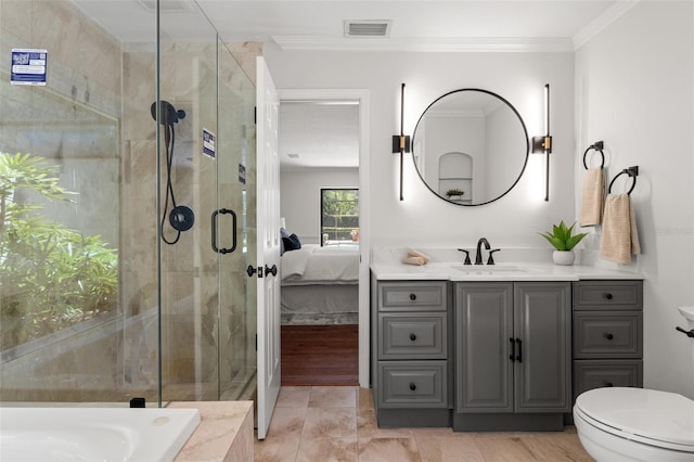 20315 Mid Ct, Lutz, FL 33558 - bathroom featuring visible vents, vanity, toilet, and a shower stall