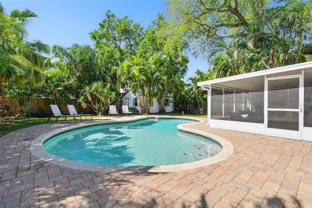 3818 W San Miguel St, Tampa, FL 33629 - view of swimming pool featuring a patio area, a fenced in pool, an outdoor structure, a fenced backyard, and a sunroom