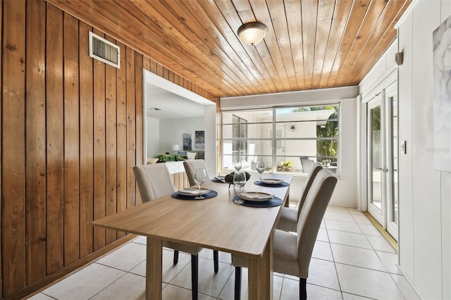 3818 W San Miguel St, Tampa, FL 33629 - dining space featuring wooden ceiling, visible vents, light tile patterned floors, and wood walls