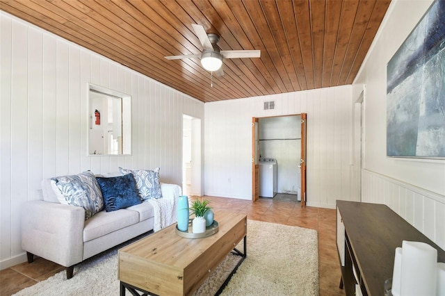 3818 W San Miguel St, Tampa, FL 33629 - tiled living area featuring a ceiling fan, wooden ceiling, washer / dryer, and visible vents