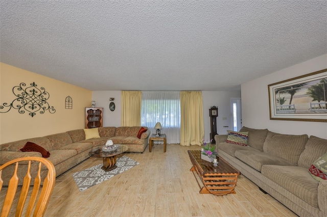 living area featuring a textured ceiling and wood finished floors
