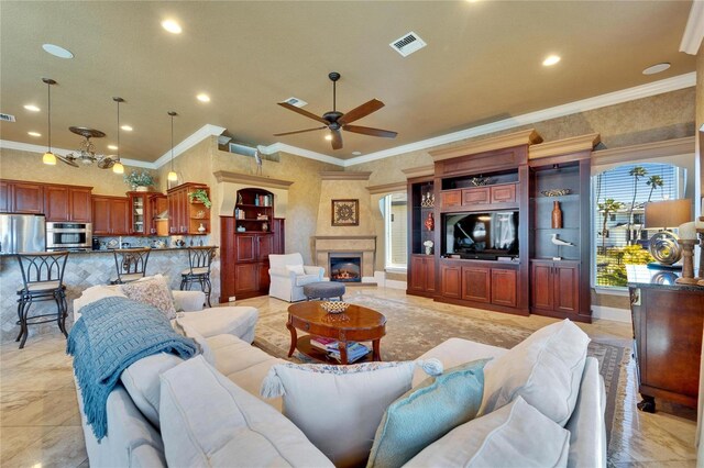 living room featuring a ceiling fan, crown molding, visible vents, and recessed lighting