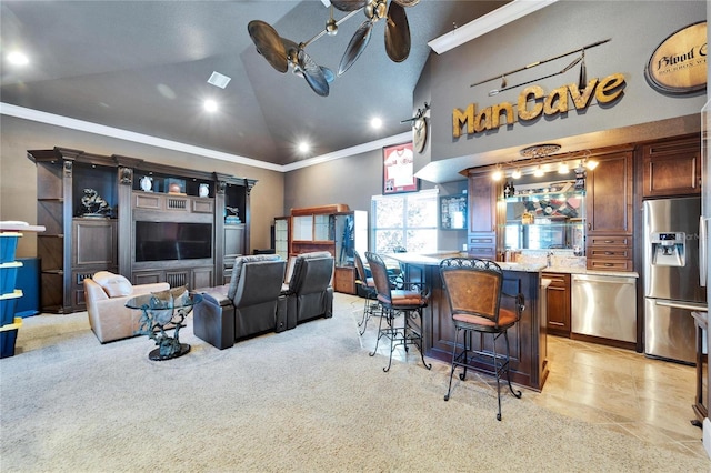 living area with recessed lighting, visible vents, a ceiling fan, ornamental molding, and high vaulted ceiling