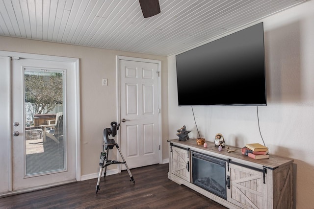 1828 Stancel Dr, Clearwater, FL 33764 - living room with wood ceiling, baseboards, dark wood-style flooring, and ceiling fan