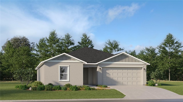 ranch-style house with a front lawn, concrete driveway, a garage, and roof with shingles