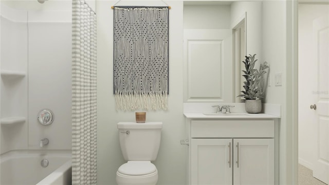 full bath featuring vanity, shower / tub combo, and toilet