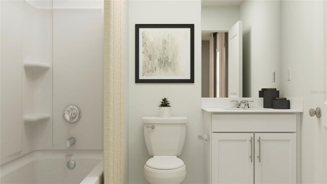 full bath with vanity, toilet, and shower / bathtub combination with curtain