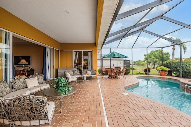 outdoor pool with an outdoor hangout area, a lanai, and a patio