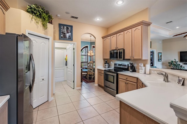 kitchen with visible vents, stainless steel appliances, recessed lighting, and light tile patterned floors