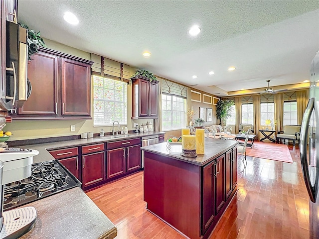 kitchen with light wood finished floors, stainless steel appliances, dark countertops, reddish brown cabinets, and a textured ceiling