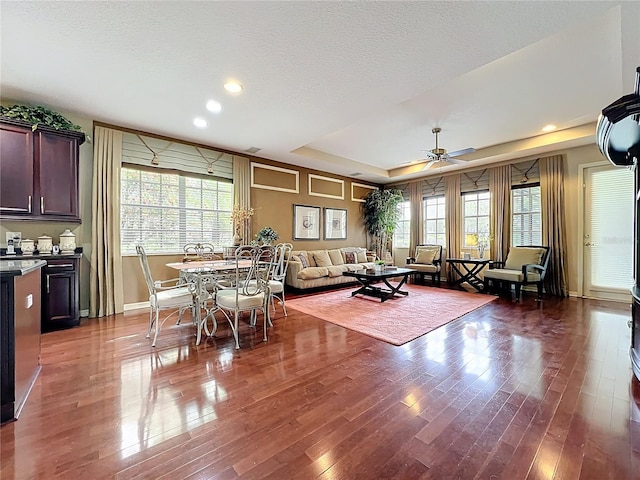 living room with a tray ceiling, wood finished floors, and a healthy amount of sunlight