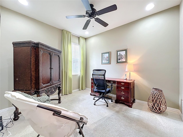 home office with recessed lighting, baseboards, light colored carpet, and ceiling fan