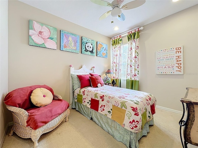 carpeted bedroom with baseboards, recessed lighting, and ceiling fan