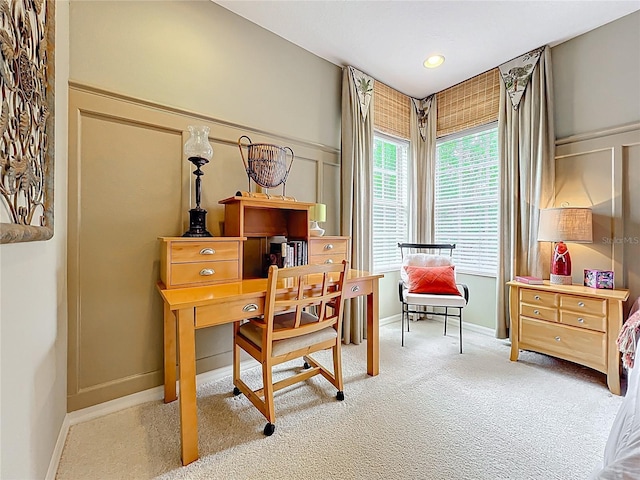 office space with recessed lighting, carpet floors, and baseboards
