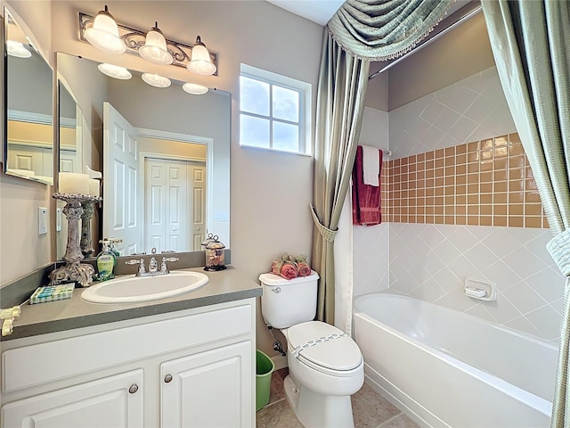full bathroom with shower / bath combo, toilet, vanity, and tile patterned flooring