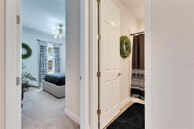 hallway with baseboards and carpet