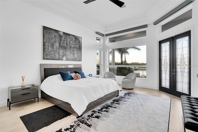 6113 Pasadena Point Blvd, Gulfport, FL 33707 - tiled bedroom with access to exterior, french doors, a ceiling fan, and crown molding