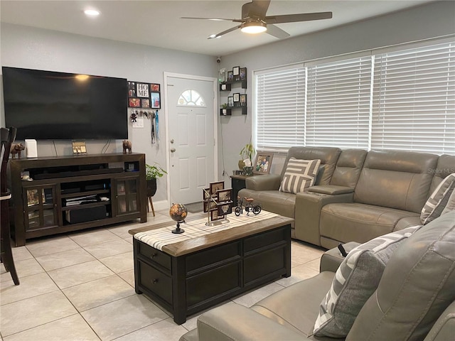 living room with light tile patterned floors, ceiling fan, and recessed lighting