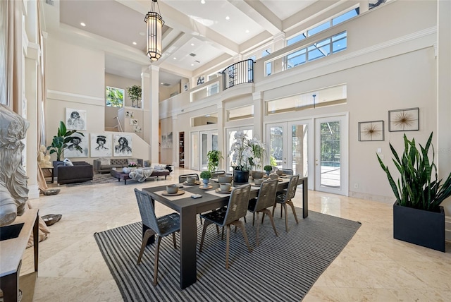 19005 Cour Ests, Lutz, FL 33558 - dining room featuring a high ceiling, french doors, marble tiled flooring, beamed ceiling, and recessed lighting