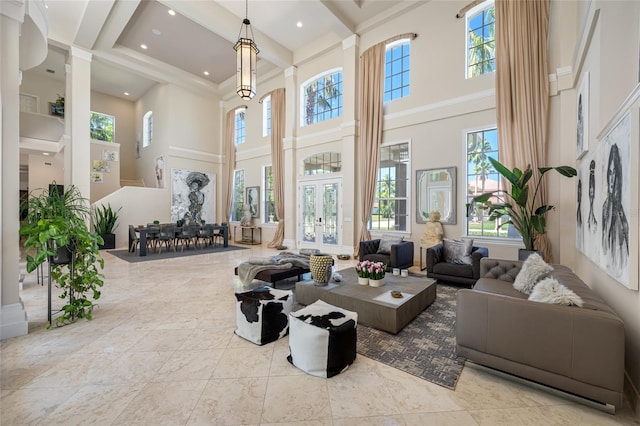 19005 Cour Ests, Lutz, FL 33558 - community lobby with a high ceiling, beamed ceiling, and recessed lighting