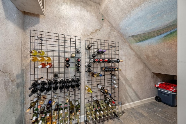 19005 Cour Ests, Lutz, FL 33558 - wine room with vaulted ceiling, a textured wall, and baseboards