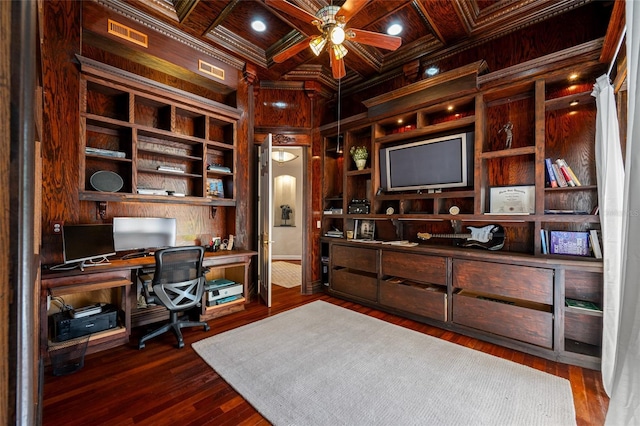 19005 Cour Ests, Lutz, FL 33558 - office space featuring wood walls, wood ceiling, a ceiling fan, coffered ceiling, and beam ceiling