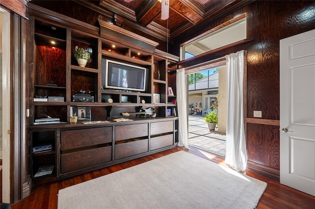 19005 Cour Ests, Lutz, FL 33558 - walk in closet featuring dark wood-style flooring, beam ceiling, coffered ceiling, and ceiling fan