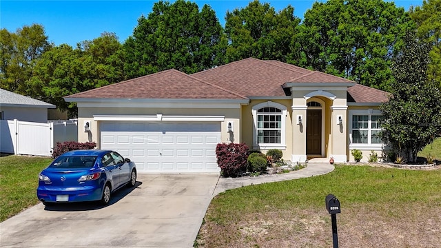 5235 SE 91st St, Ocala, FL 34480 - ranch-style house with stucco siding, concrete driveway, a front yard, a shingled roof, and a garage