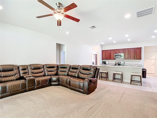 5235 SE 91st St, Ocala, FL 34480 - living area with light carpet, visible vents, recessed lighting, and ceiling fan