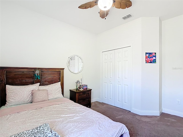 5235 SE 91st St, Ocala, FL 34480 - carpeted bedroom with visible vents, baseboards, a closet, and ceiling fan