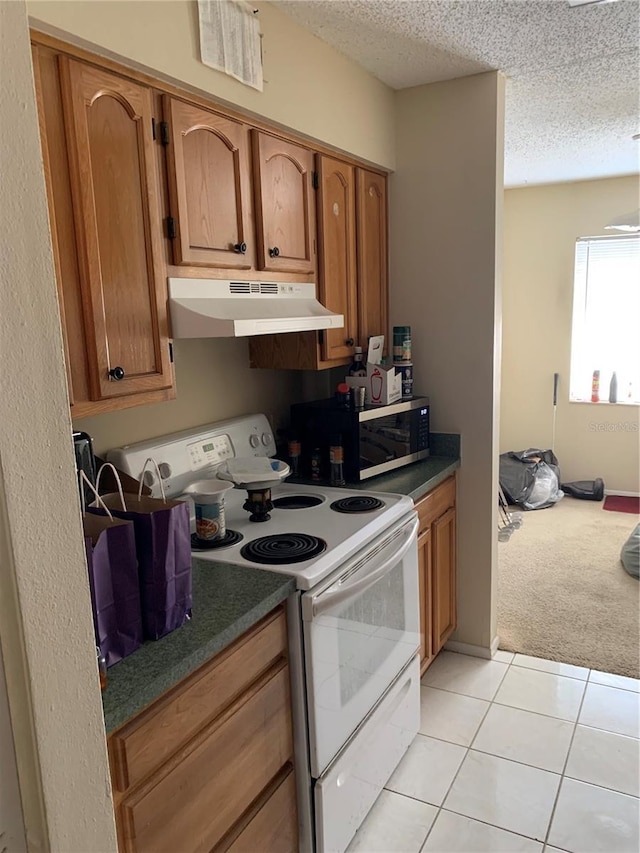 7526 Needle Leaf Pl Unit 30, Tampa, FL 33617 - kitchen featuring under cabinet range hood, light tile patterned floors, white electric stove, and a textured ceiling