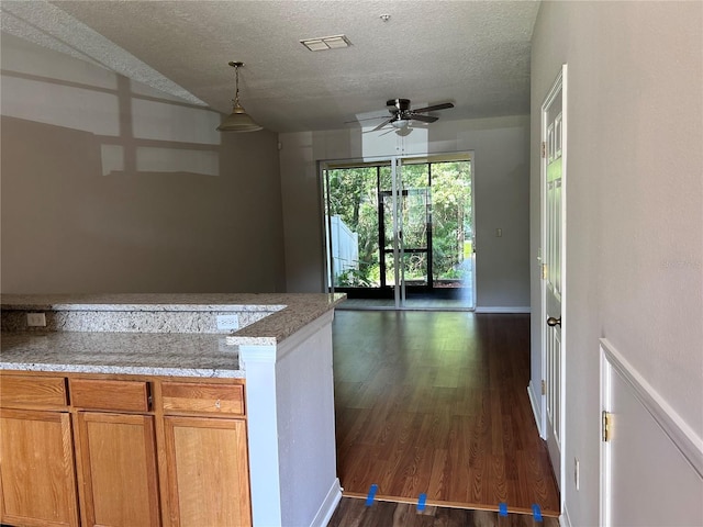 2061 Fiesta Ridge Ct, Tampa, FL 33604 - kitchen featuring dark wood-style floors, visible vents, a ceiling fan, decorative light fixtures, and a textured ceiling