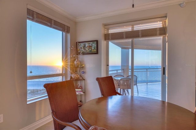 dining space featuring a water view, ornamental molding, and baseboards
