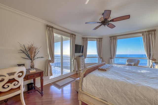 bedroom with access to outside, baseboards, crown molding, a ceiling fan, and wood finished floors