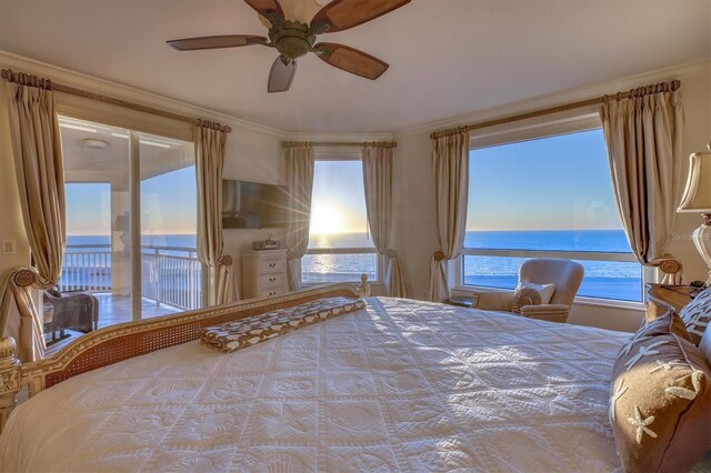 bedroom featuring a water view, ornamental molding, access to exterior, and ceiling fan