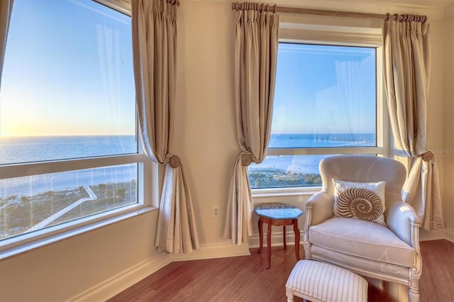 living area featuring a water view, baseboards, and wood finished floors
